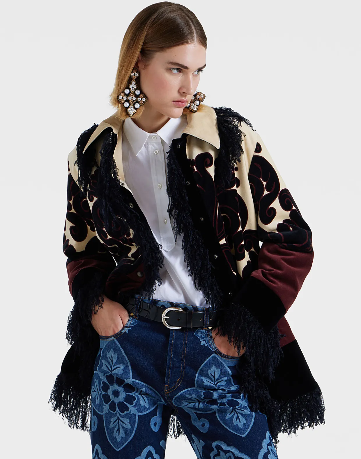 Bonanza JacketCorsini Placée Cream in Cotton Velvet With Fringes