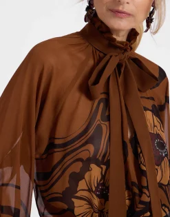 Cerere BlouseBig Blooms Placée Brown in Silk Chiffon