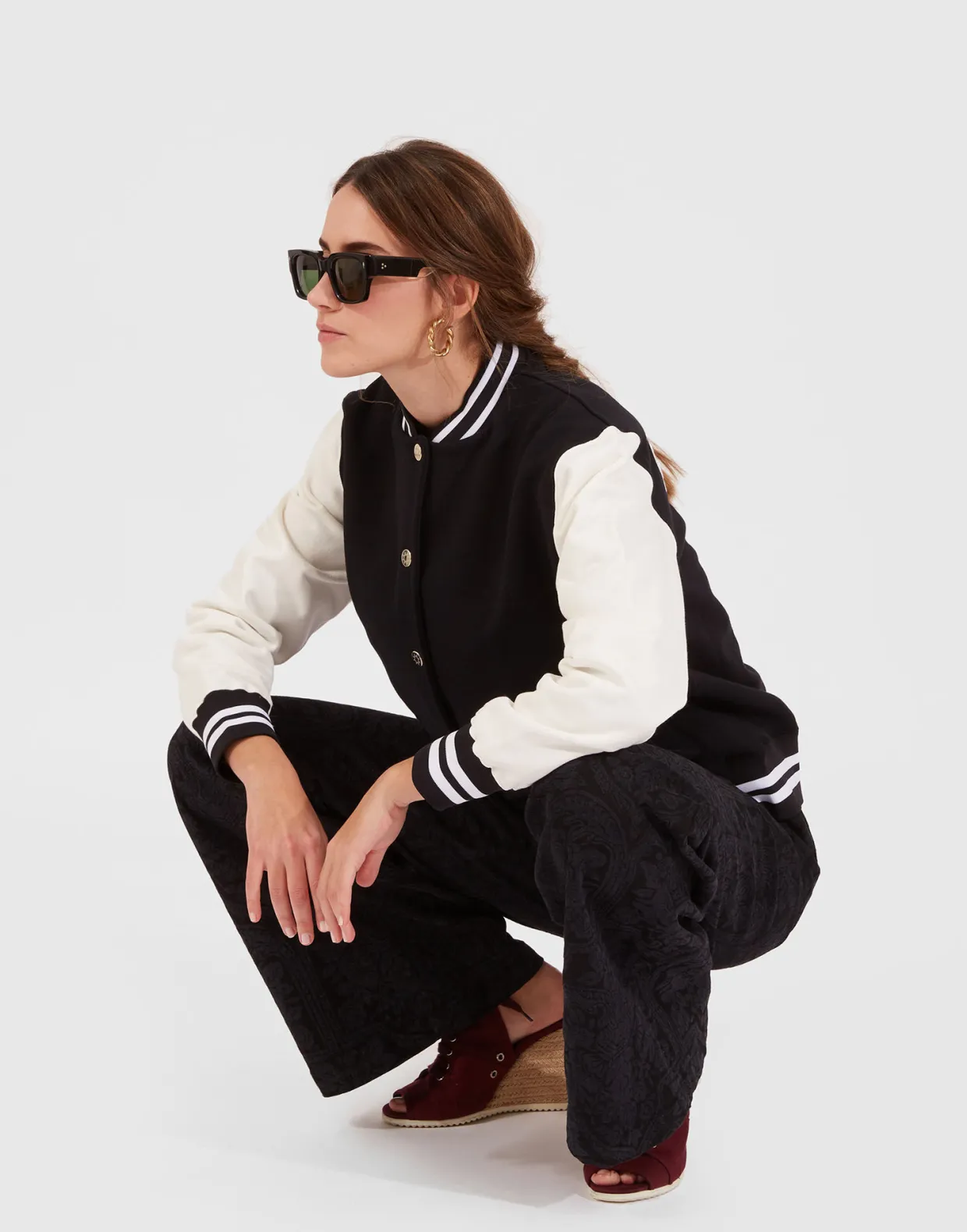 Embroidered Sisterhood Varsity BomberSolid Black in Jersey