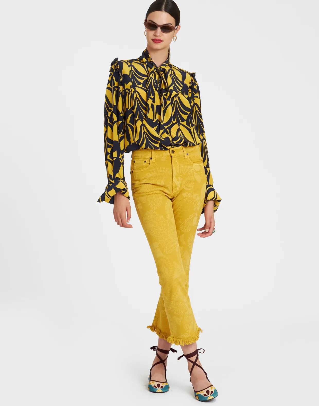 Fancy Crop JeansSicomore Yellow in Laser-Printed Denim With Fringe