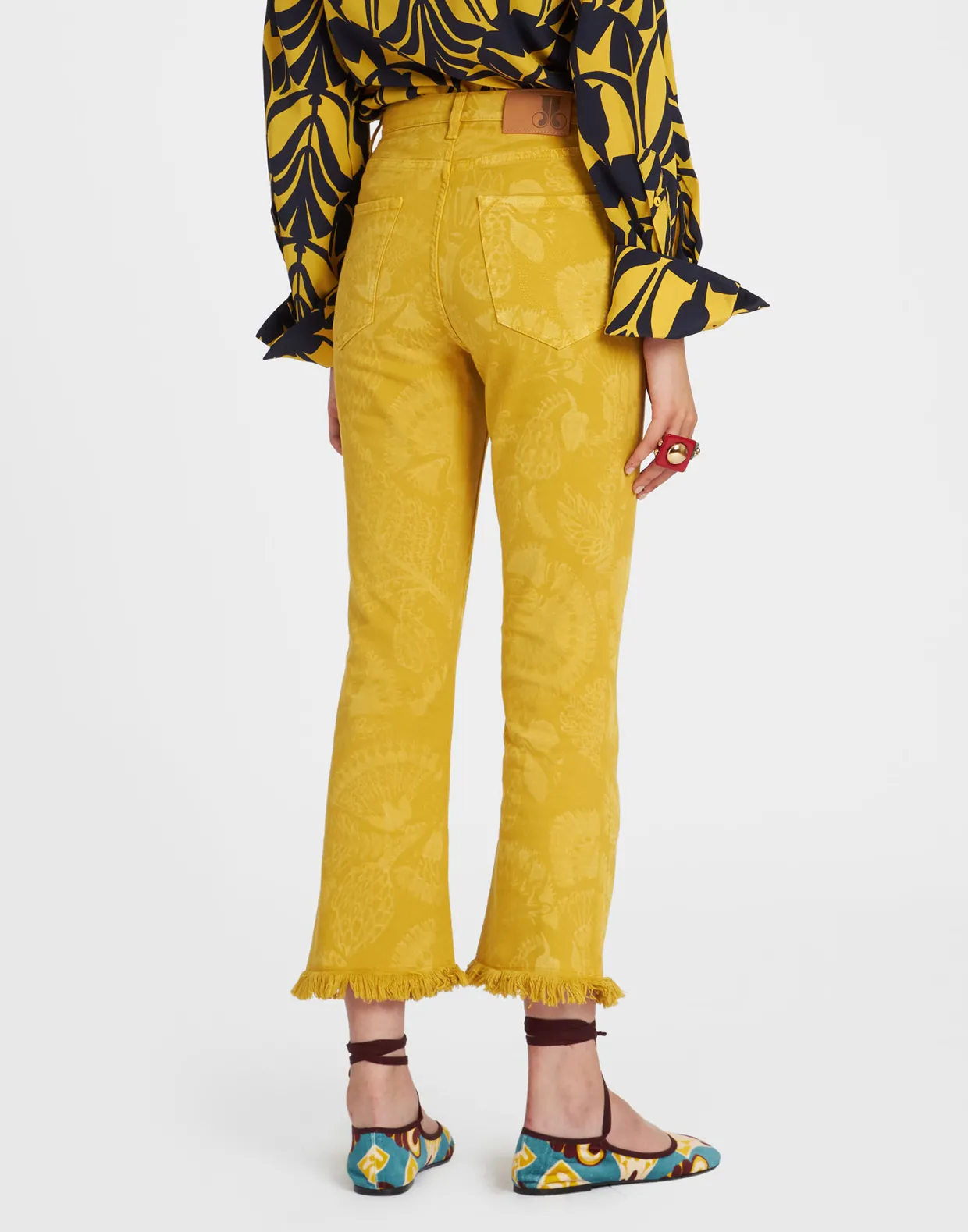 Fancy Crop JeansSicomore Yellow in Laser-Printed Denim With Fringe