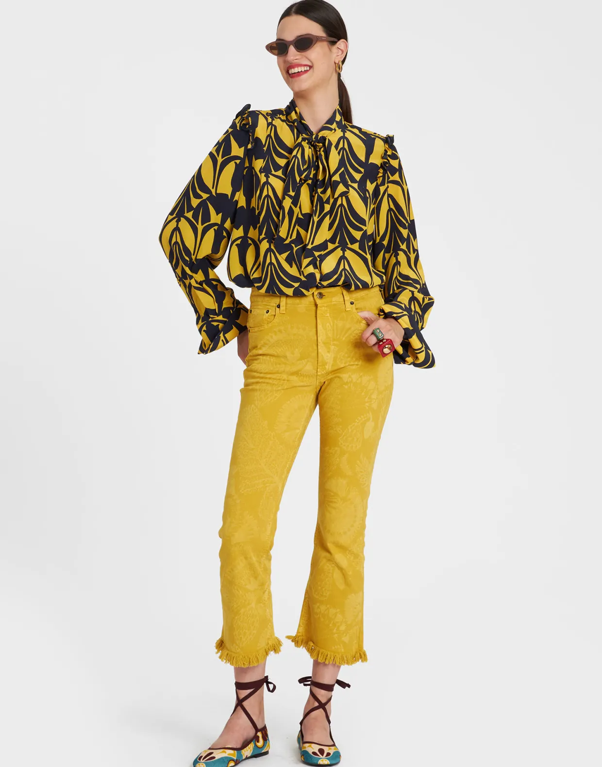Fancy Crop JeansSicomore Yellow in Laser-Printed Denim With Fringe