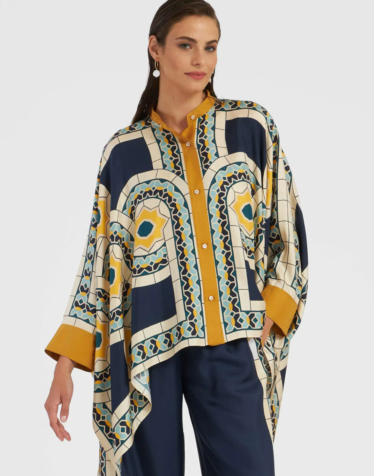 Foulard ShirtMudejar Placée Blue in Silk Twill