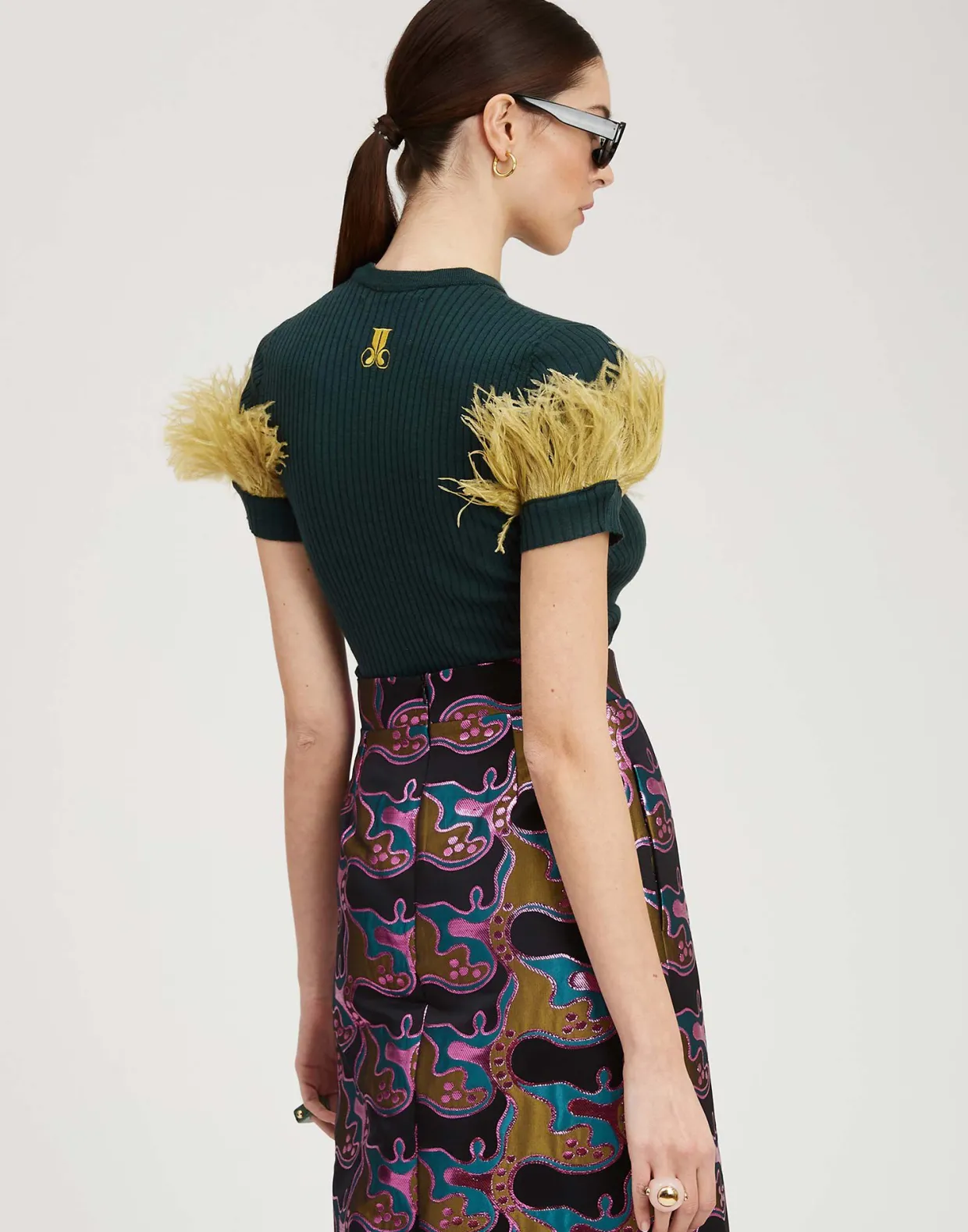 High Kick TeeGreen in Ribbed Silk Cashmere With Feathers