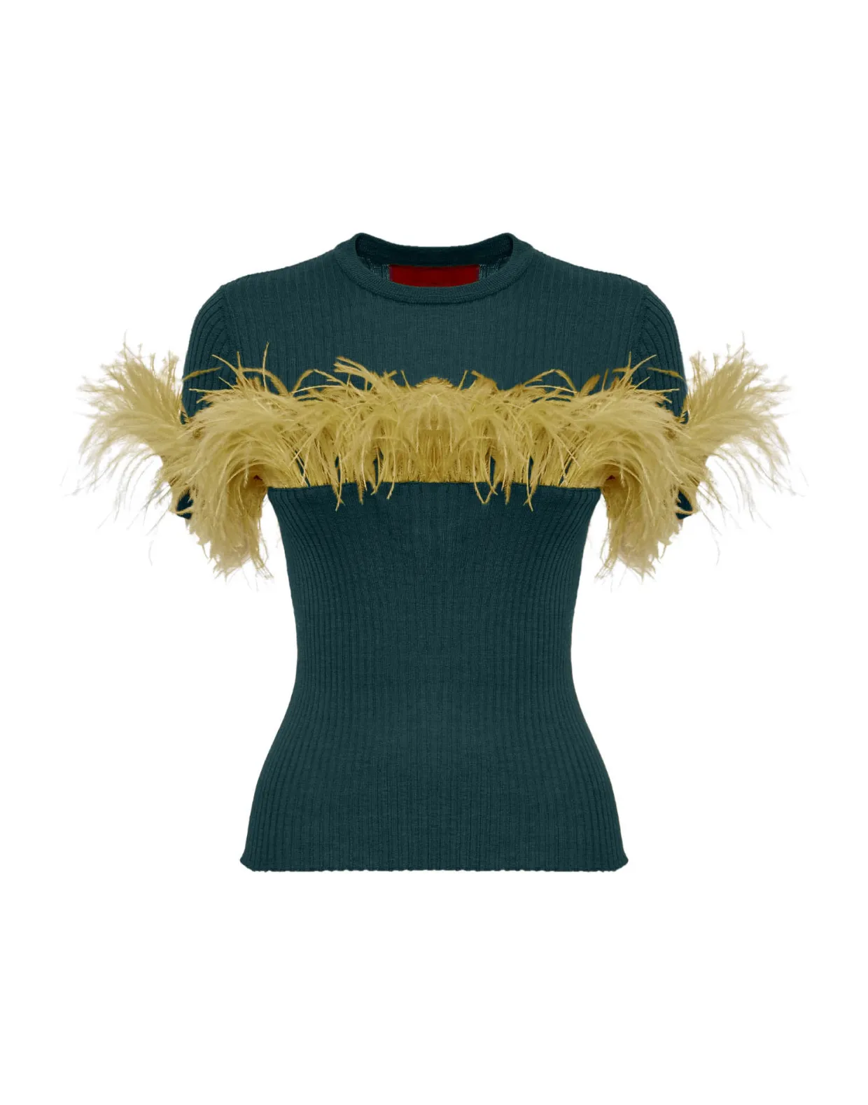 High Kick TeeGreen in Ribbed Silk Cashmere With Feathers