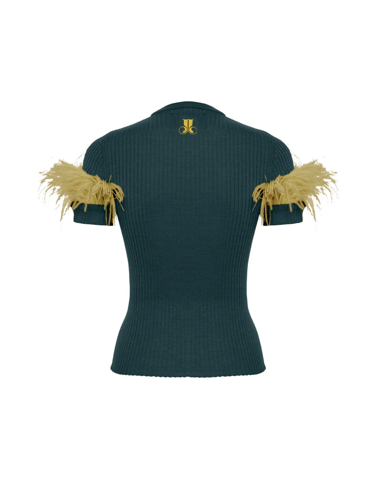 High Kick TeeGreen in Ribbed Silk Cashmere With Feathers