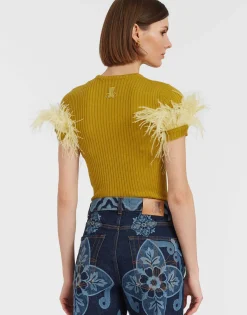 High Kick TeeLime in Ribbed Silk Cashmere With Feathers