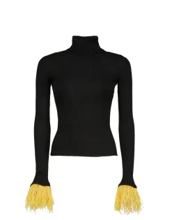 High Kick TopBlack in Ribbed Silk Cashmere With Feathers