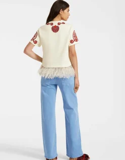 La Scala TeeMedallion Plac&eacute;e Cream in Heavy Jersey With Feathers