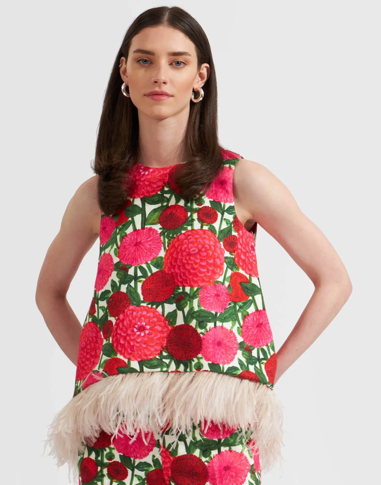 La Scala Top (With Feathers)Pink Dahlias in Shot Cotton