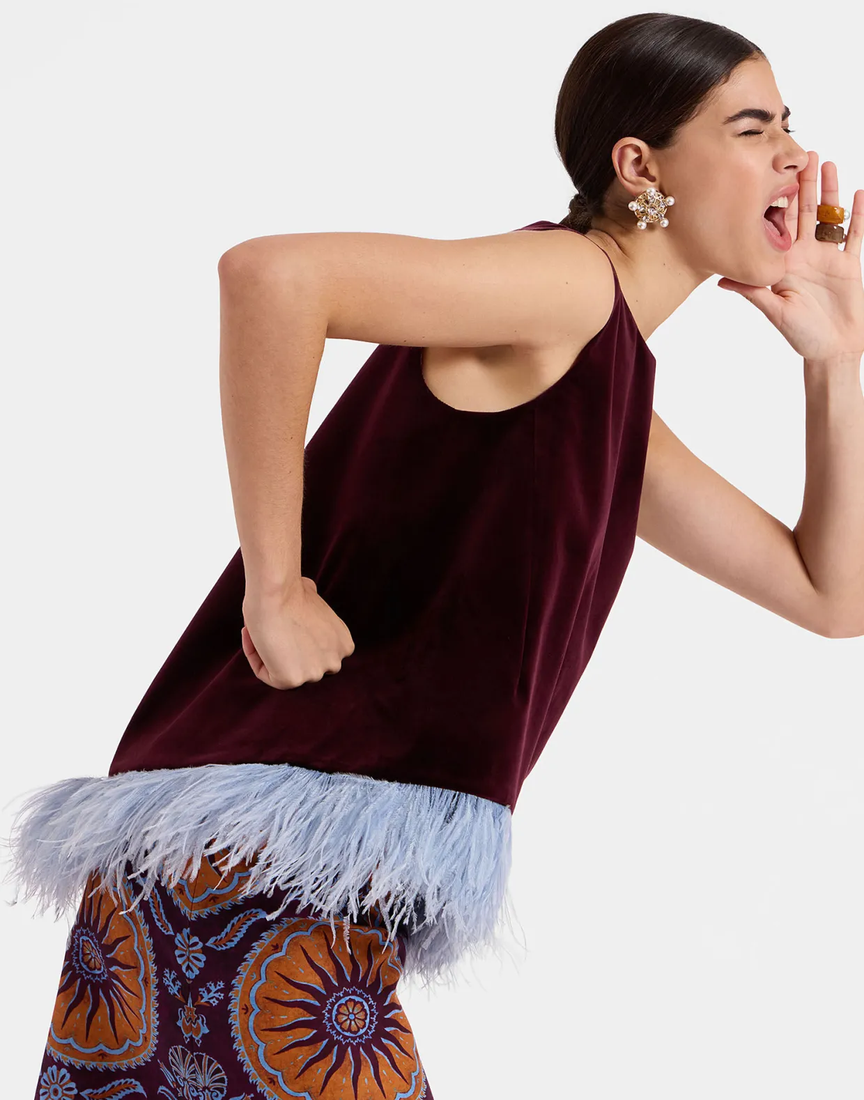 La Scala TopSolid Burgandy in Cotton Velvet With Feathers