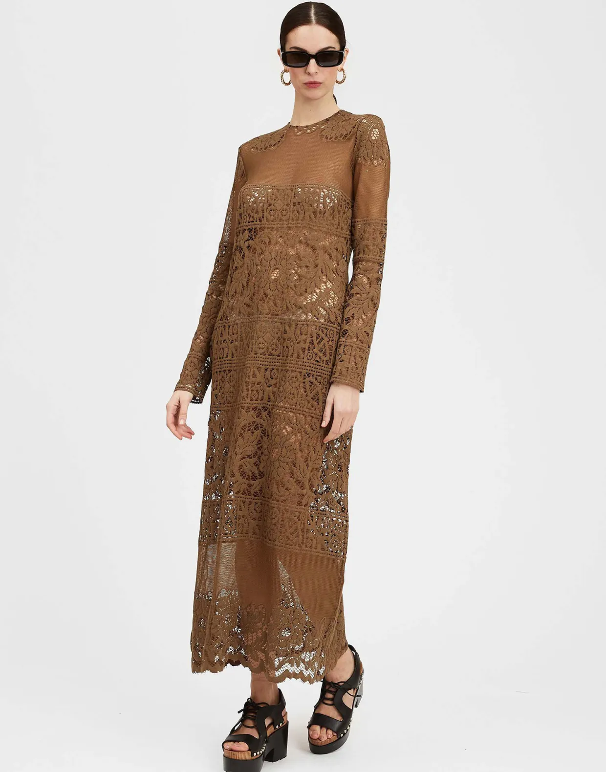 Lacey Long Sleeve Swing DressMilitary Green in Cotton Lace