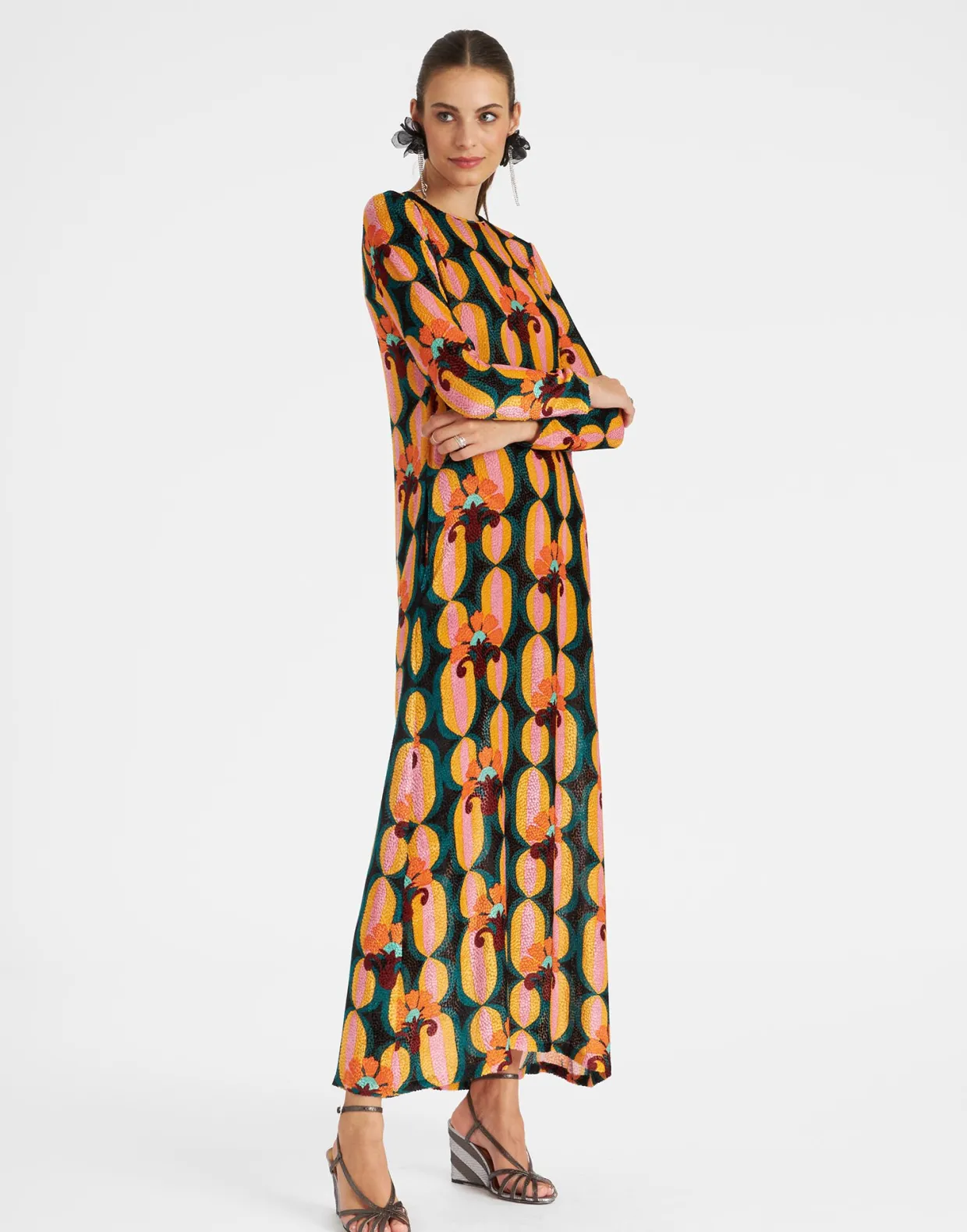 Long Sleeve Swing DressArcturus Blue Petrol in Velvet Devoré