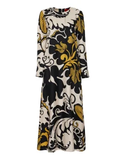 Long Sleeve Swing DressMarea Black & White in Silk Twill