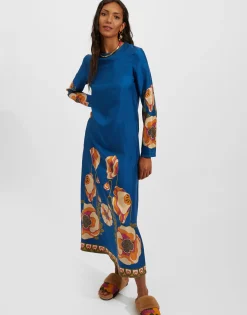 Long Sleeve Swing DressPoppies Blue Plac&eacute;e in Twill Silk