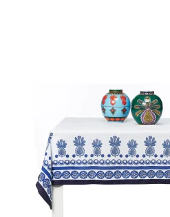 Medium TableclothBig Pineapple Blu (Placée) in Linen