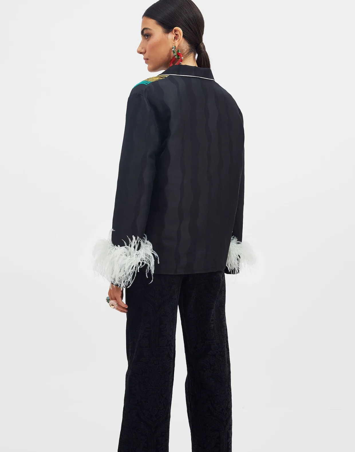 Nile JacketThe Nile Black in Jacquard With Feathers