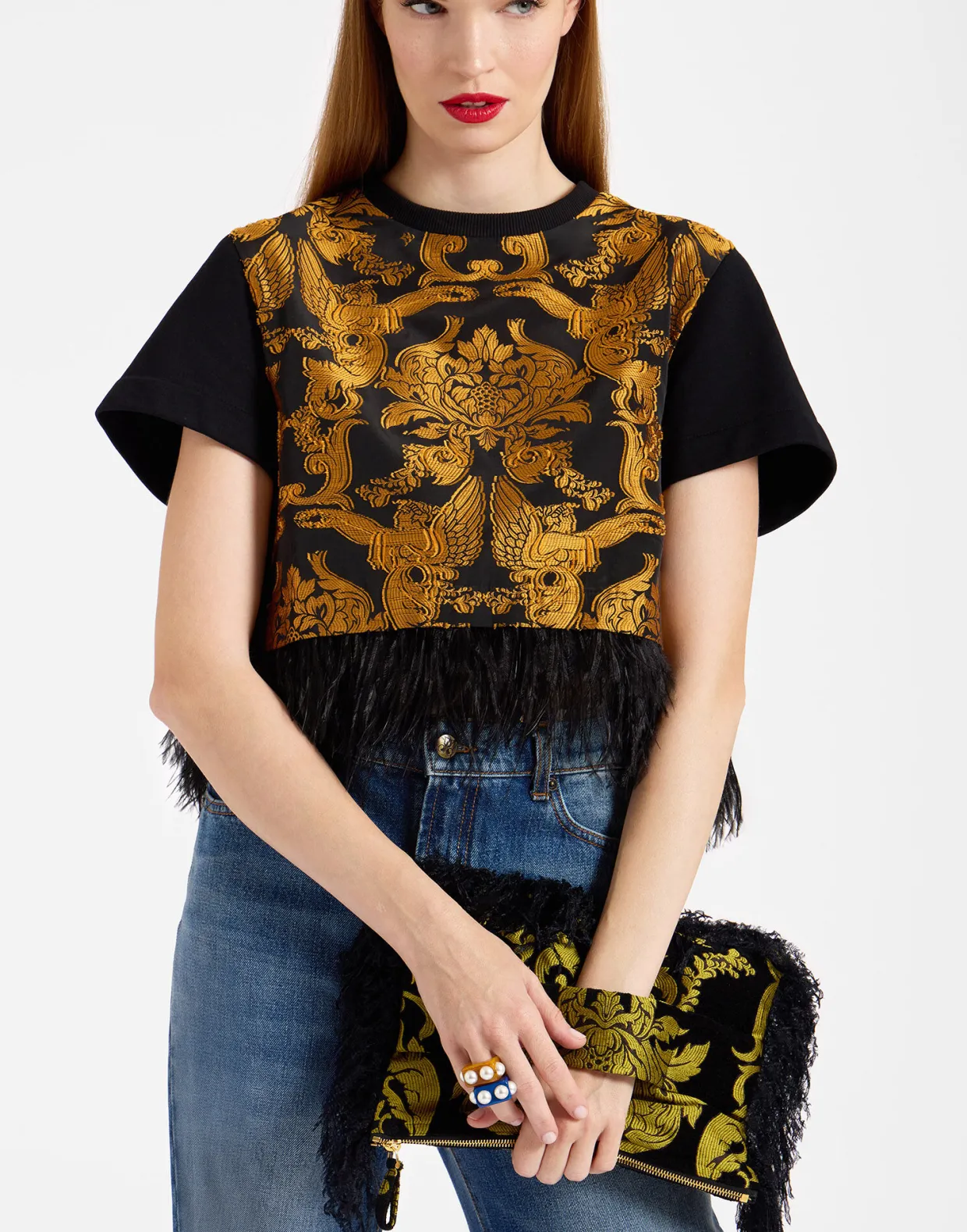 Party PochetteCherubs Black in Jacquard With Feathers