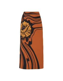 Pencil SkirtBig Blooms Placée Brown in Envers Satin