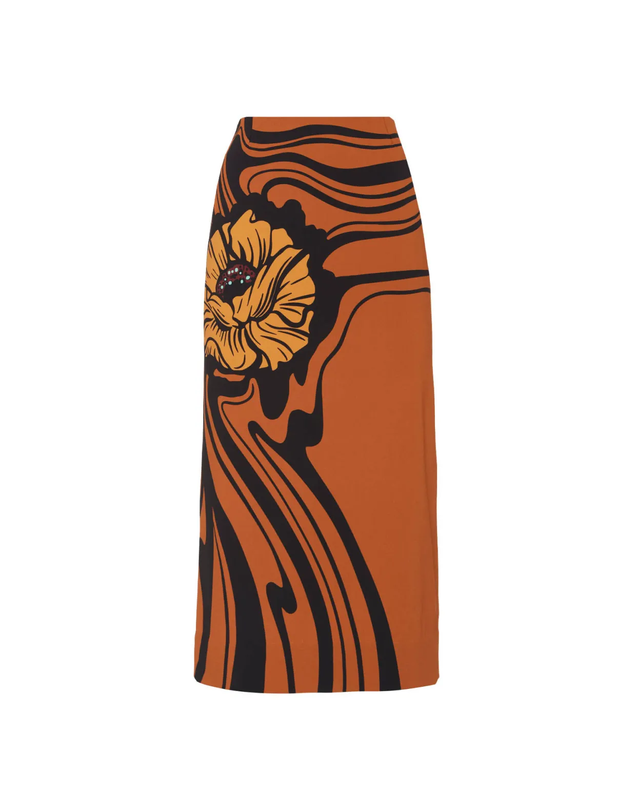 Pencil SkirtBig Blooms Placée Brown in Envers Satin