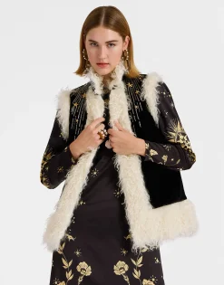 Sleeveless Folk JacketSolid Black in Cotton Velvet Embroidered