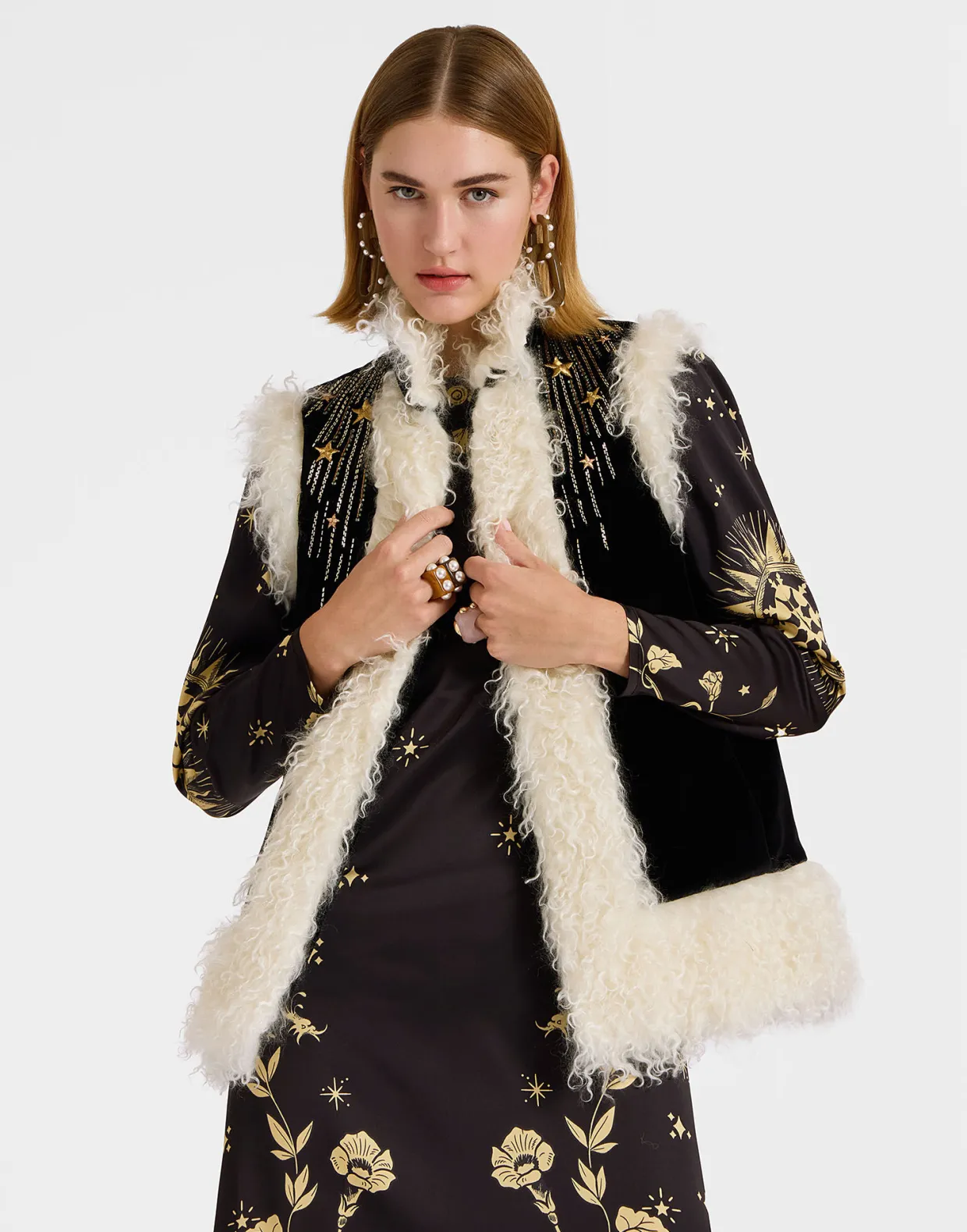 Sleeveless Folk JacketSolid Black in Cotton Velvet Embroidered