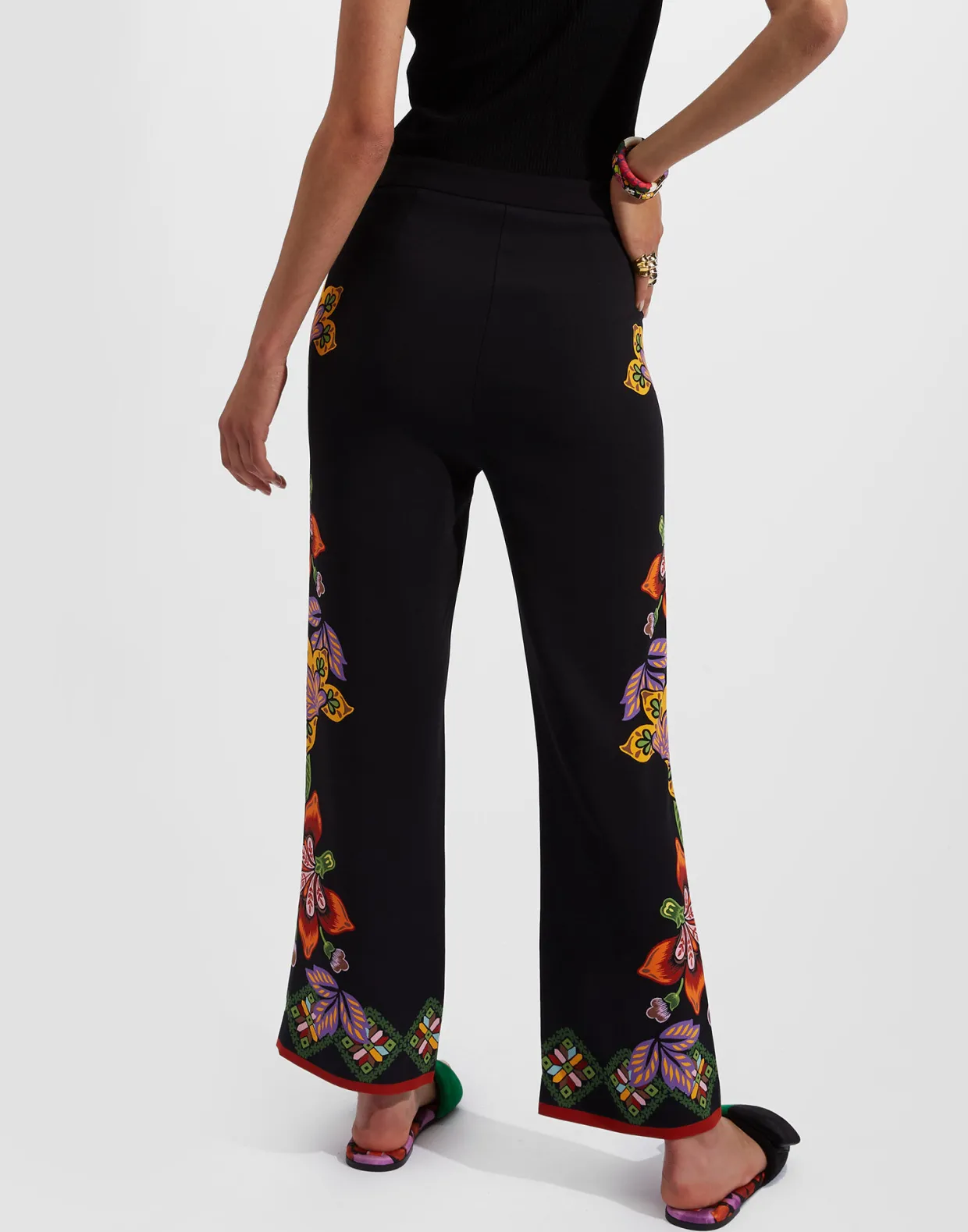 Stretch PantsFolk Flowers Nero Placée in Viscose Jersey