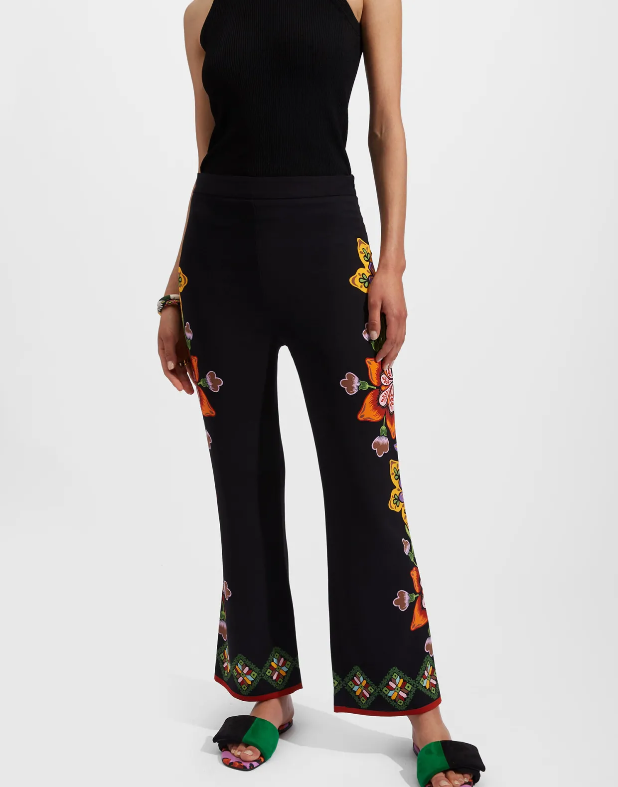 Stretch PantsFolk Flowers Nero Placée in Viscose Jersey