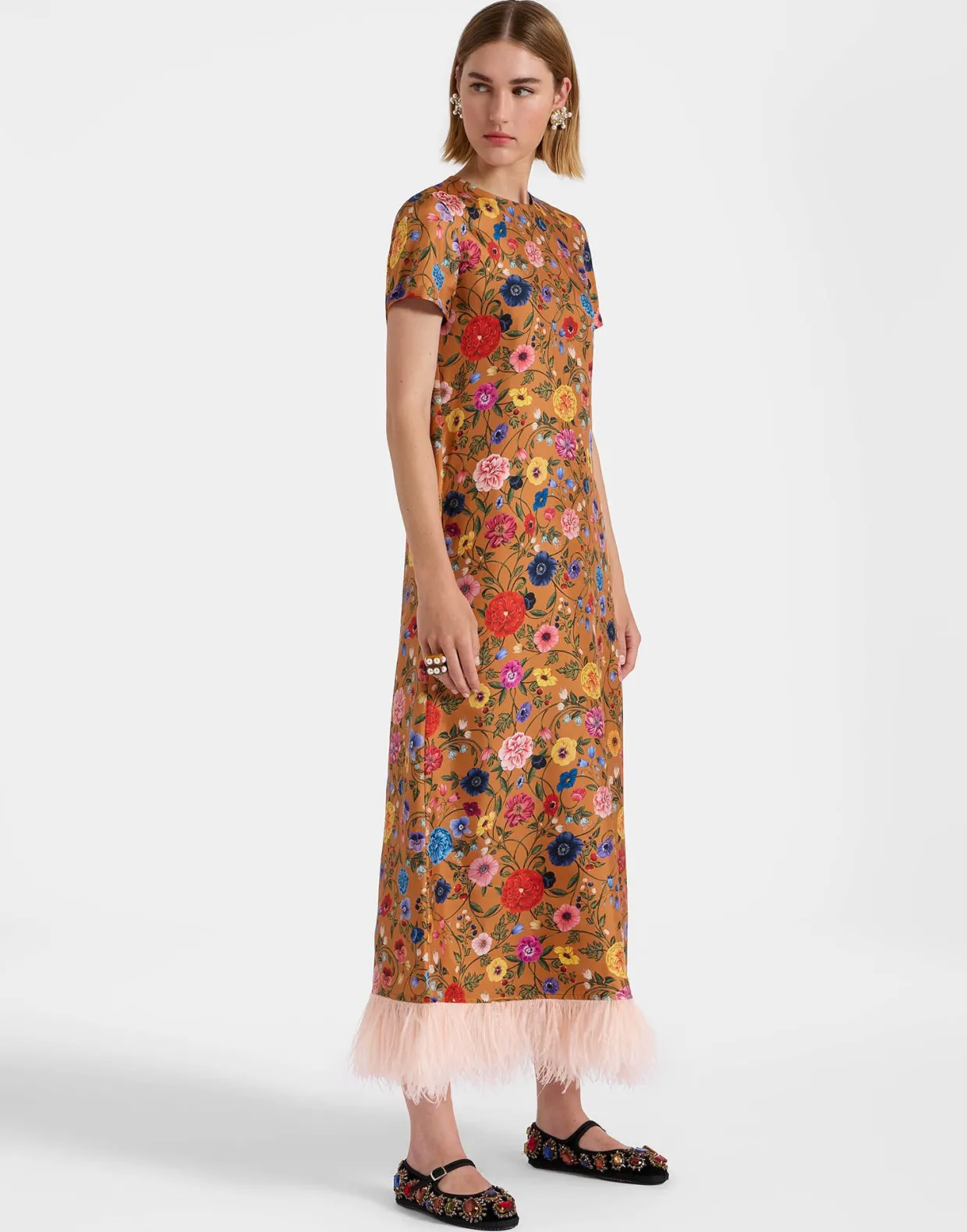 Swing DressBotticelli Rust in Silk Twill With Feathers