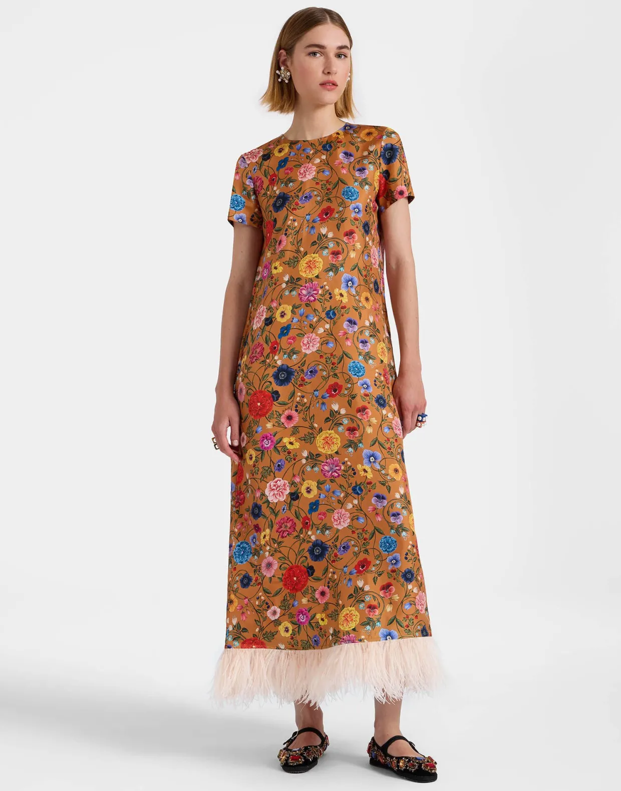 Swing DressBotticelli Rust in Silk Twill With Feathers