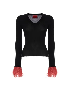V-Neck High Kick TopSolid Black in Ribbed Silk Cashmere With Feathers