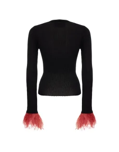 V-Neck High Kick TopSolid Black in Ribbed Silk Cashmere With Feathers